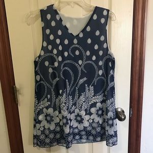 Blue and white floral print sleeveless top with flowy hem.